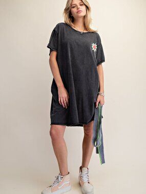 EASEL SILK SCREEN FLORAL PRINT WASHED TUNIC DRESS 100% COTTON